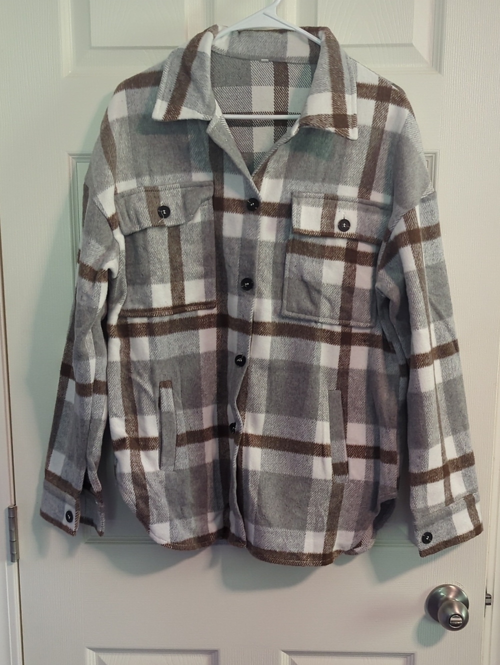Plaid Shacket in Gray, White & Brown